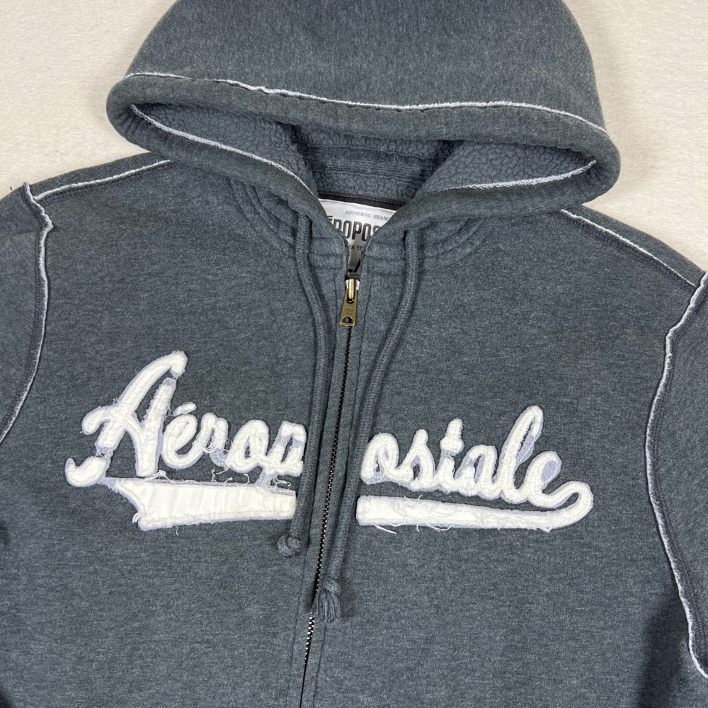 Aeropostale Y2K Full Zip Fleece Hoodie Mens‎ L Gray Chenille Script Distressed
